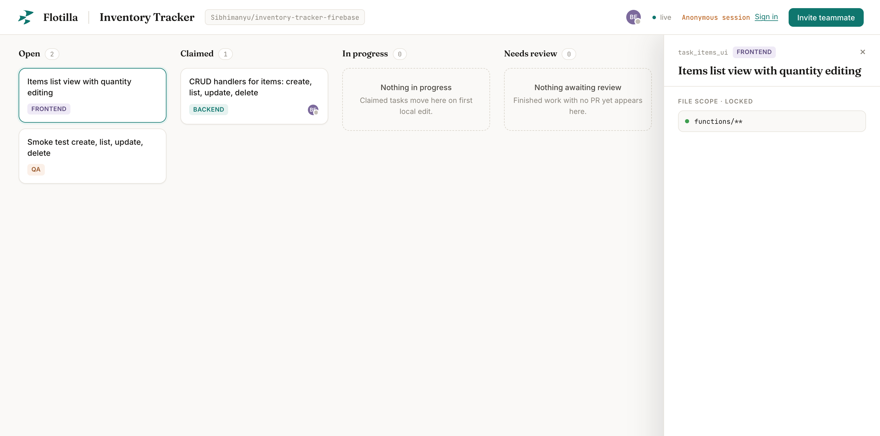 The Flotilla board: columns for Open, Claimed, In progress and Needs review, with a task card open showing its locked file scope of functions/**.