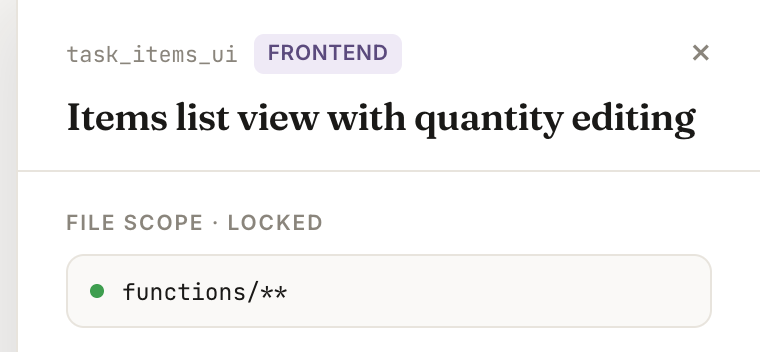 A task card opened on the board: its id, its frontend role tag, its title, and a FILE SCOPE LOCKED panel listing functions slash slash.