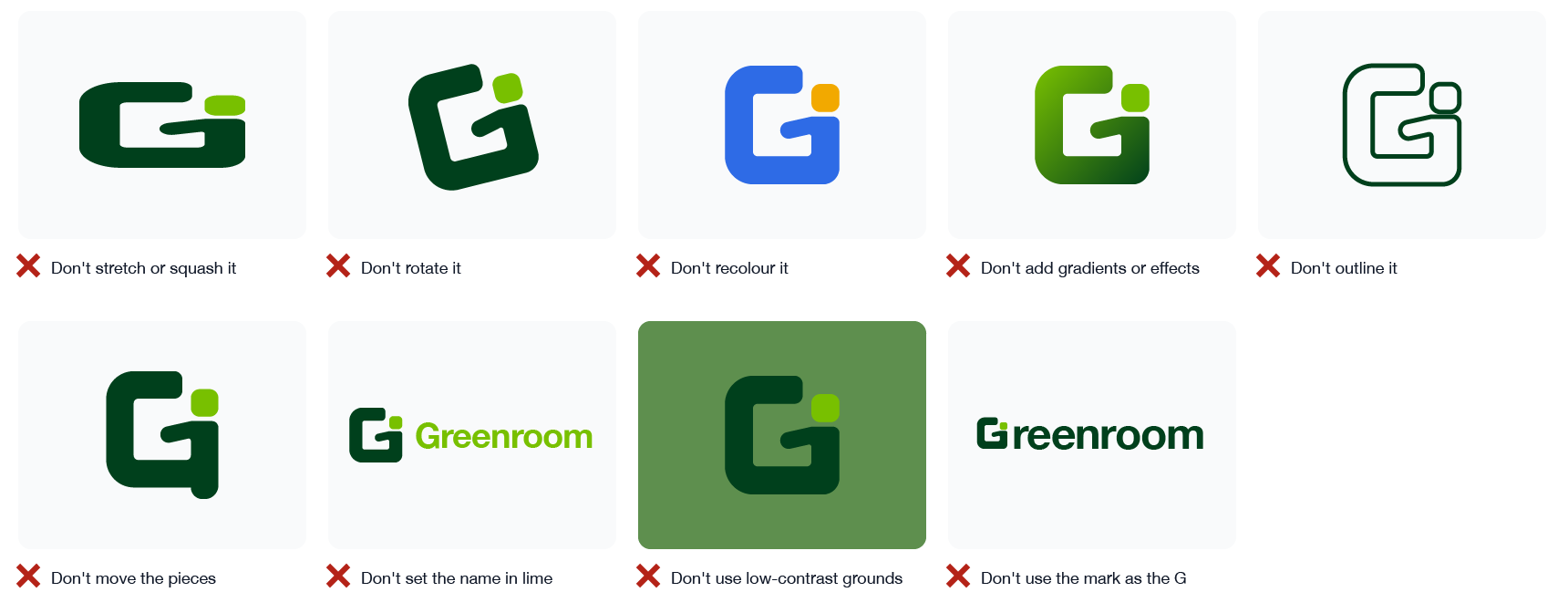 Nine mistakes: stretching, rotating, recolouring, gradients, outlining, moving the pieces, setting the name in lime, low-contrast grounds, and using the mark as the name's G.