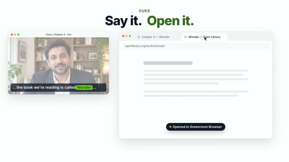 Cues in the film: the teacher says “the book we're reading is called Wonder”, the word lights up, and the book's page opens in Greenroom Browser.