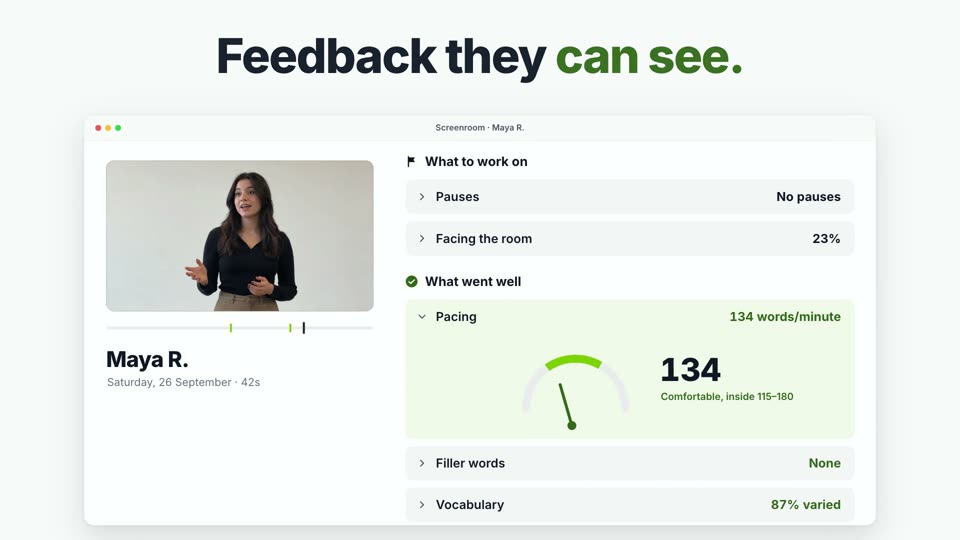 A Screenroom report in the film: “What to work on” and “What went well”, with pacing at 134 words a minute on a gauge.