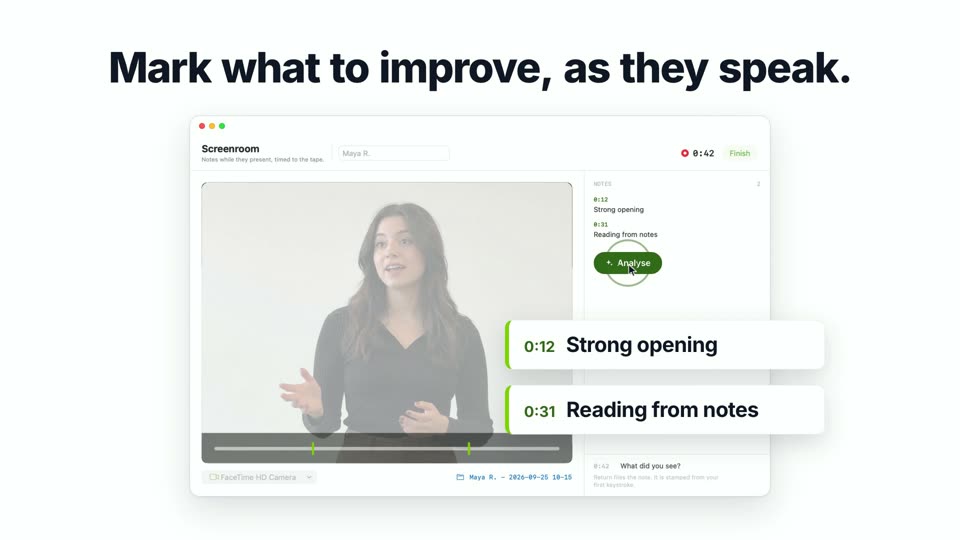 The Screenroom window in the film: a student presenting, with two timed notes, “0:12 Strong opening” and “0:31 Reading from notes”.