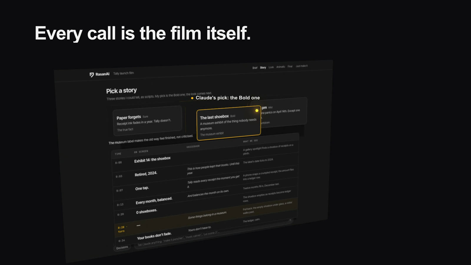 The same screen in 3D: its layers separated in depth, the picked card lifted toward the lens with a label pinned to it