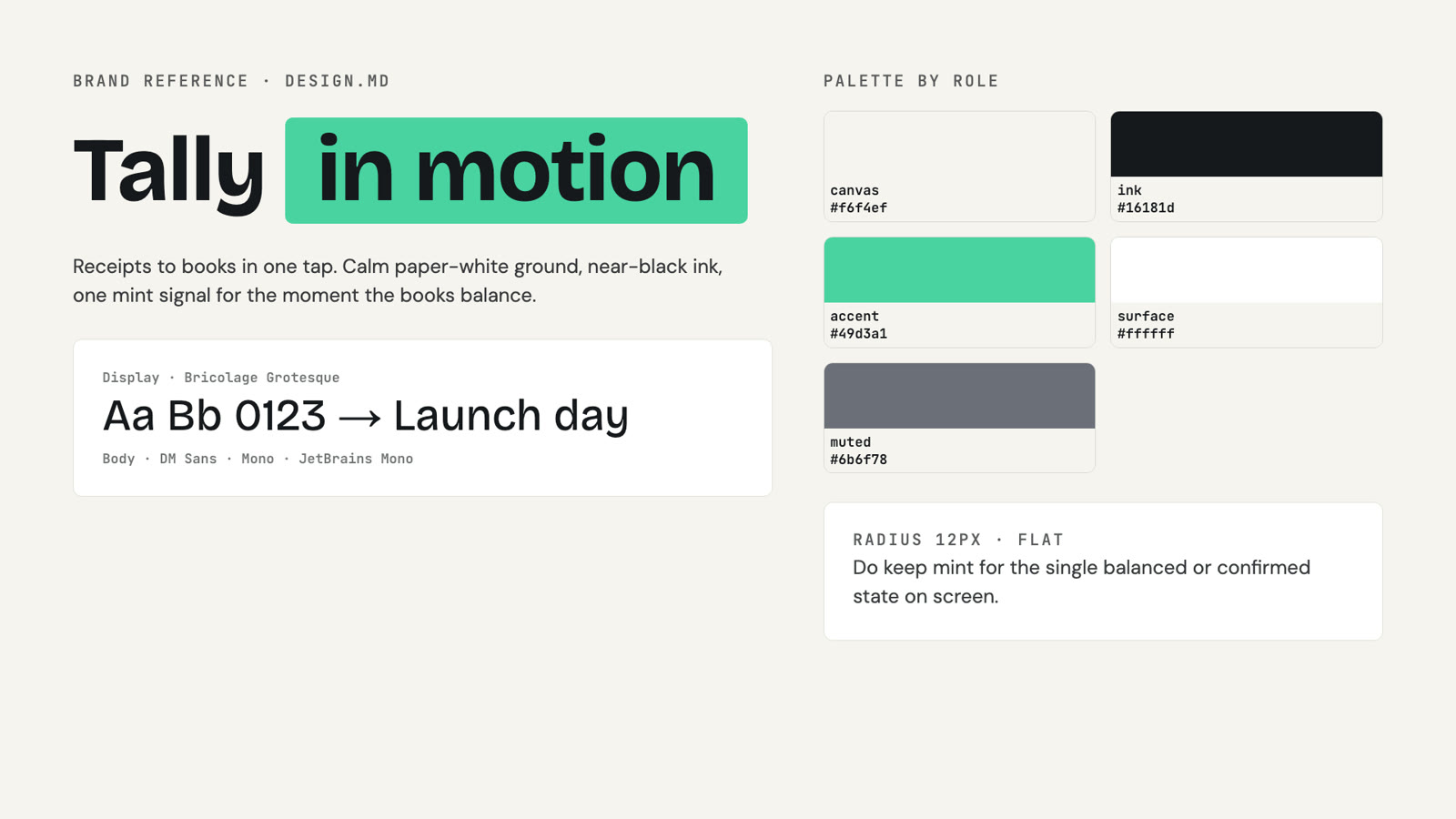 A brand board read from Tally's DESIGN.md: the wordmark, the palette by role (canvas, ink, a mint accent, surface, muted), Bricolage Grotesque and DM Sans, radius 12px