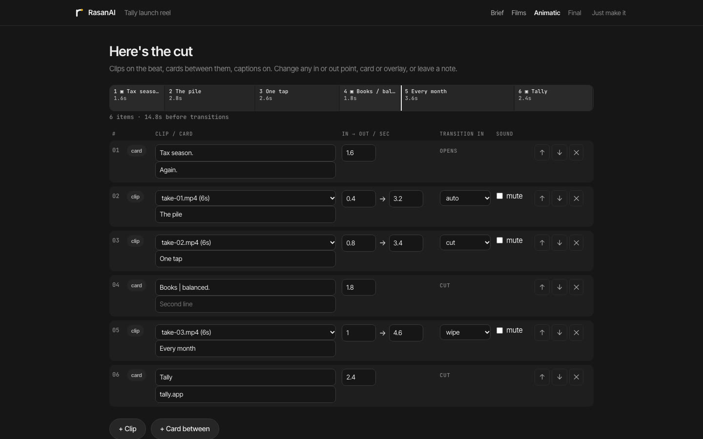 The Cut step: clips with in and out points, cards between them, overlays and captions