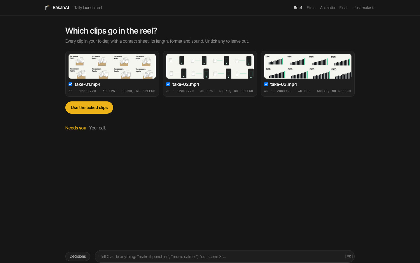 The Footage step: each clip with its contact sheet, length, format and sound