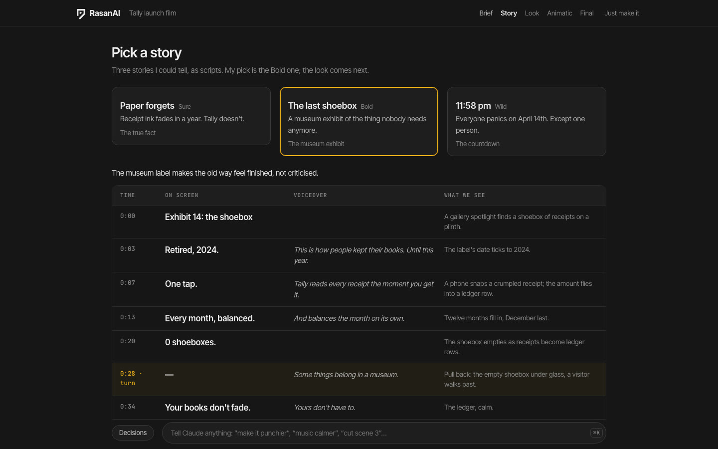 The Story call: three story tabs labelled Sure, Bold and Wild, and the selected story as a script table of timed beats with on-screen lines, voiceover and visuals, the turn highlighted