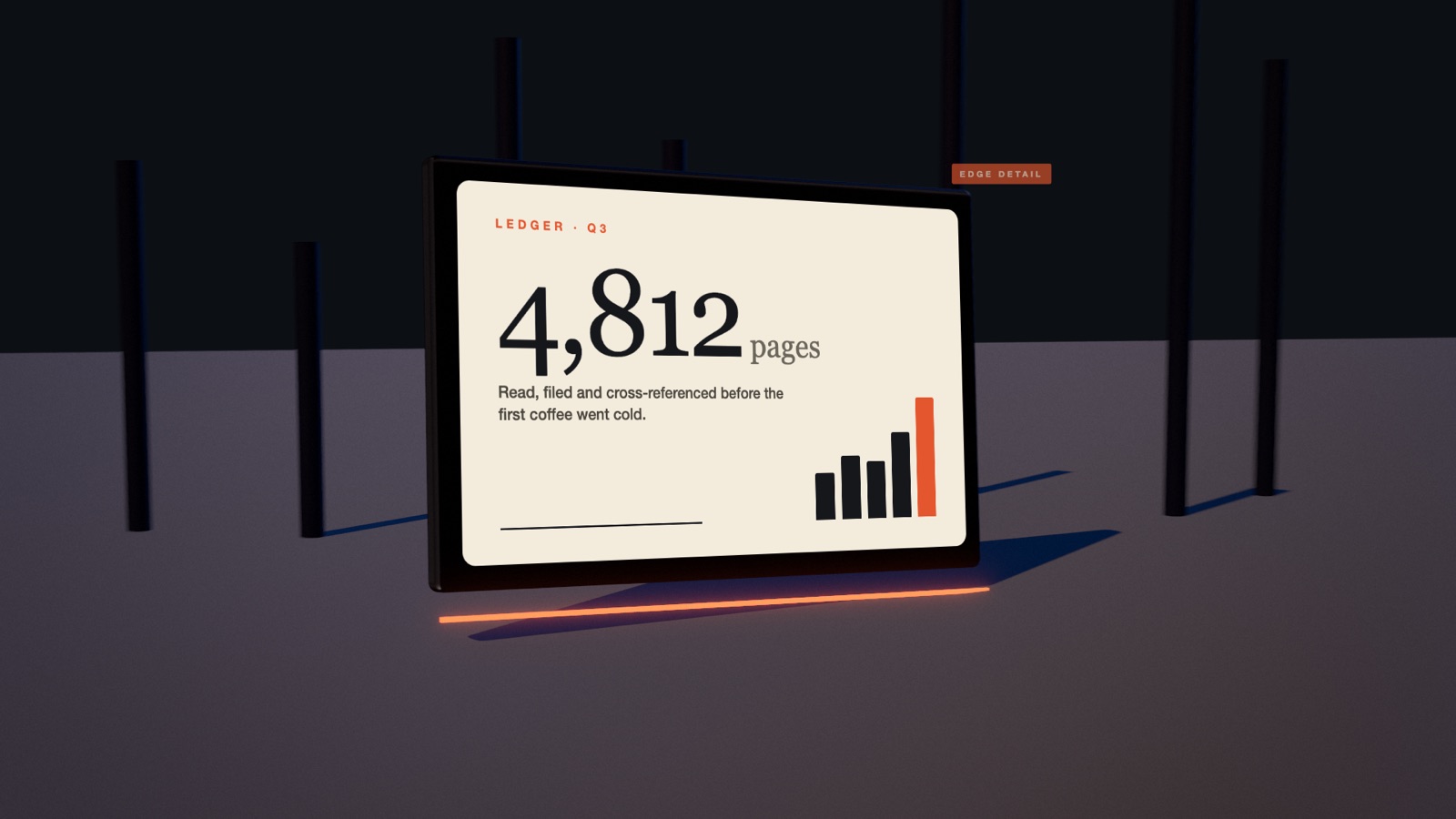 A real HTML card reading 4,812 pages with a bar chart, standing in a 3D room with a pinned label