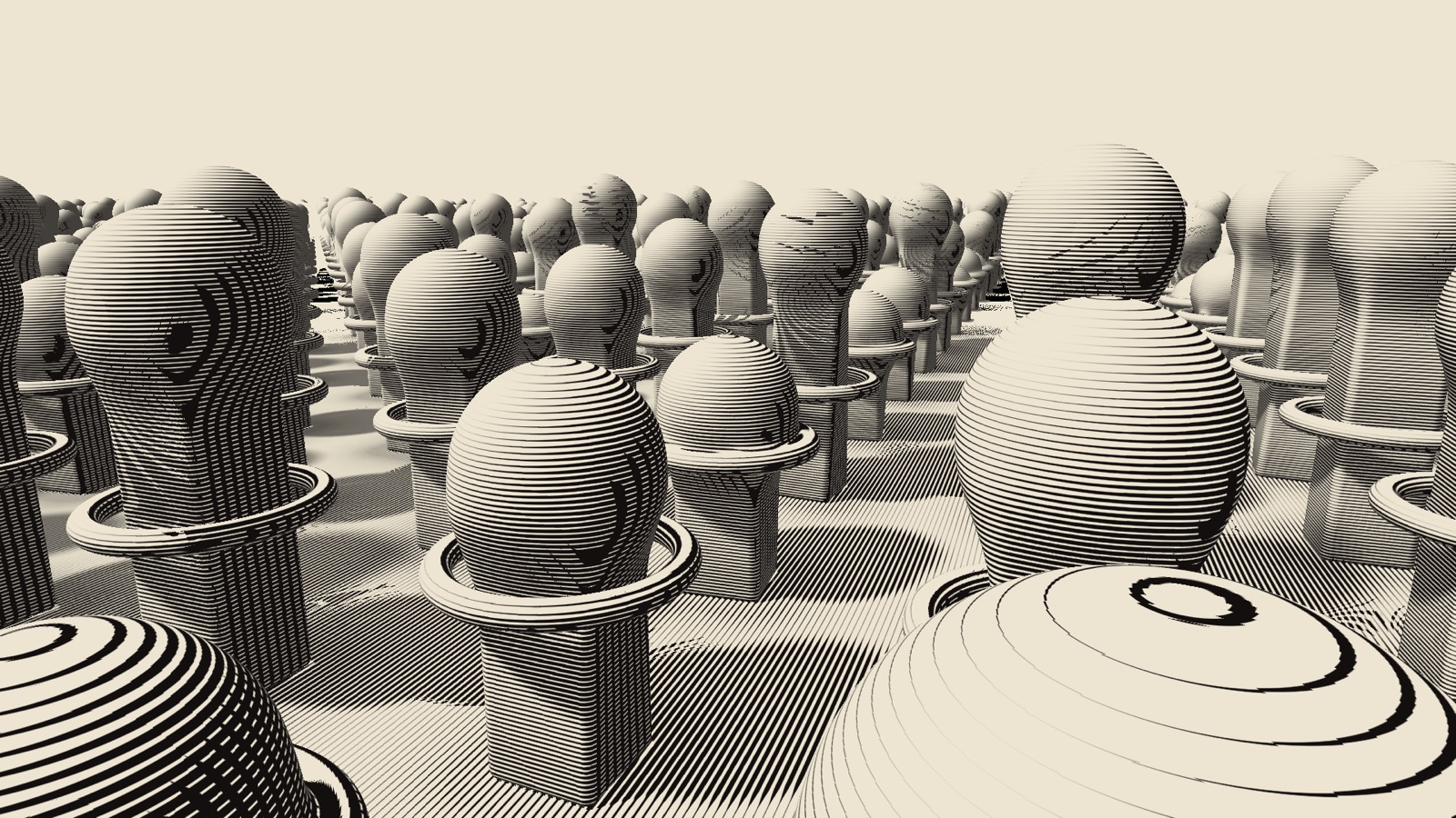 A ray-marched field of heads and spheres shaded as an engraving, black line on cream