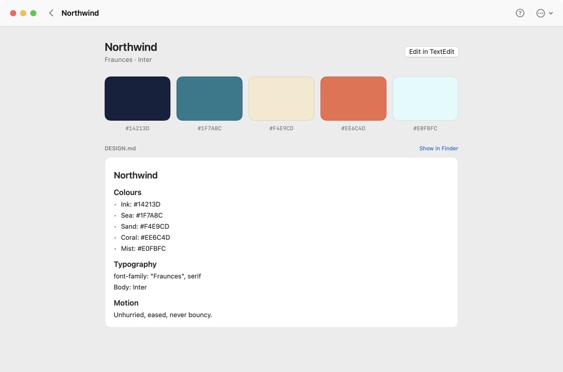 A brand in RasanAI Studio: Northwind, with five colour swatches, its type, and its DESIGN.md.