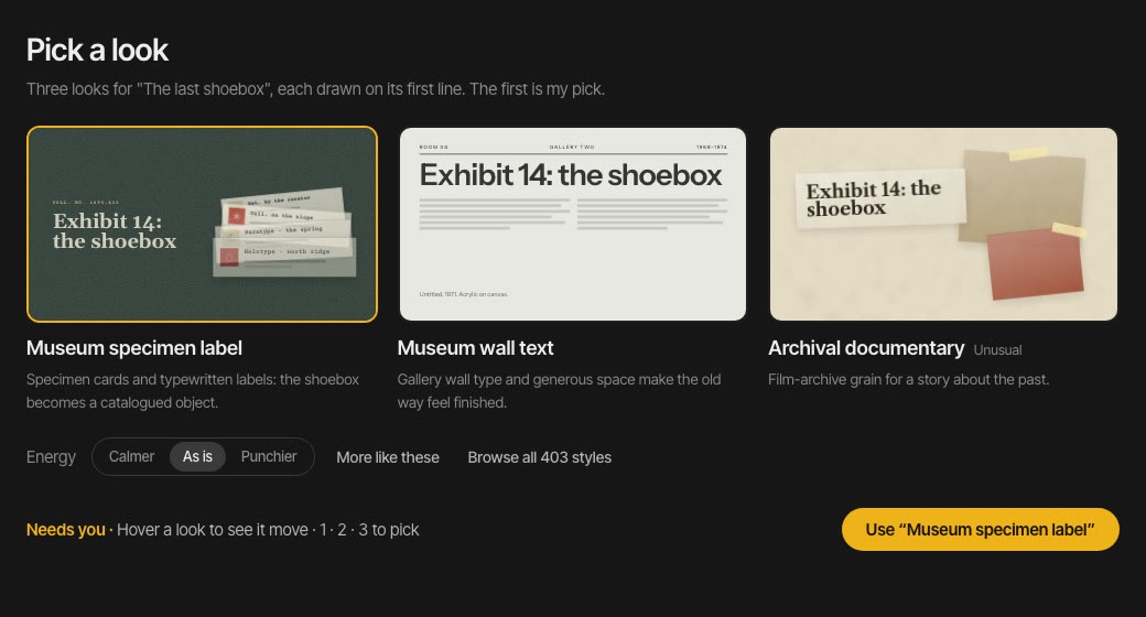 Three visual looks for the same film: specimen label, wall text, archival documentary