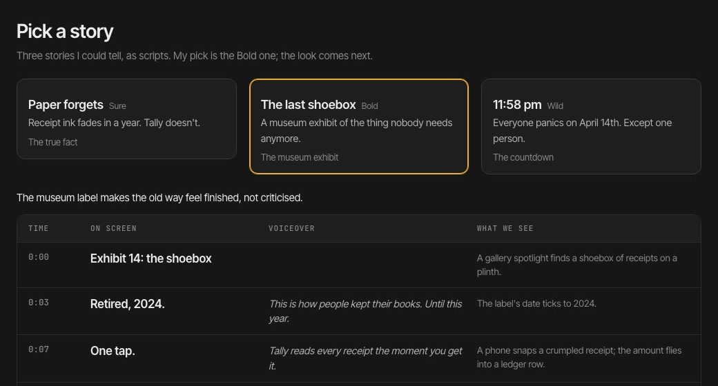 Three story directions and the timed beats of the selected script