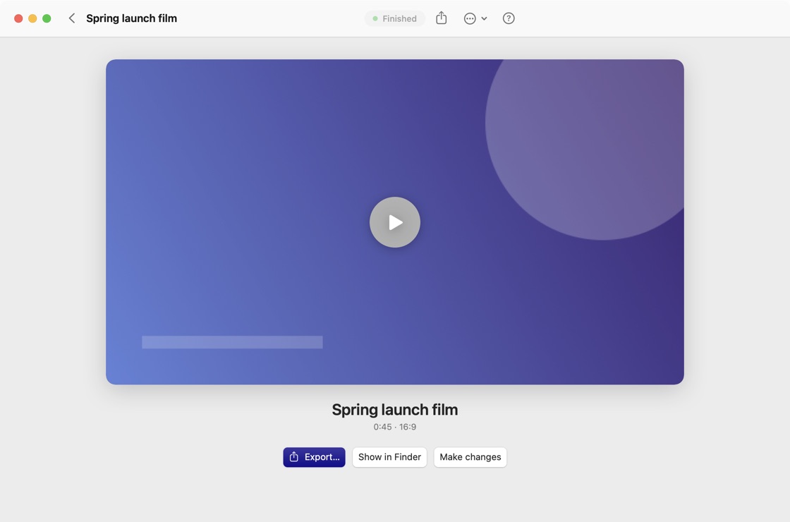 A finished film in RasanAI Studio with a play button and Export, Show in Finder and Make changes buttons.