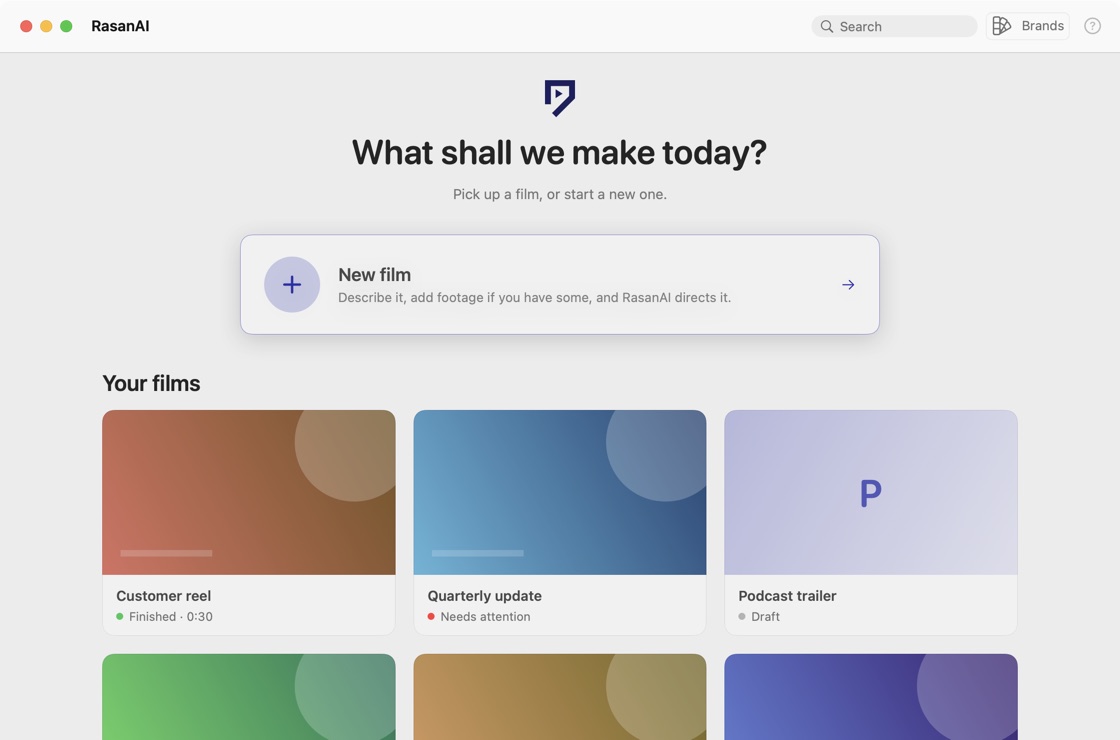 RasanAI Studio home screen: What shall we make today? A New film tile above a grid of your films, with sample projects.