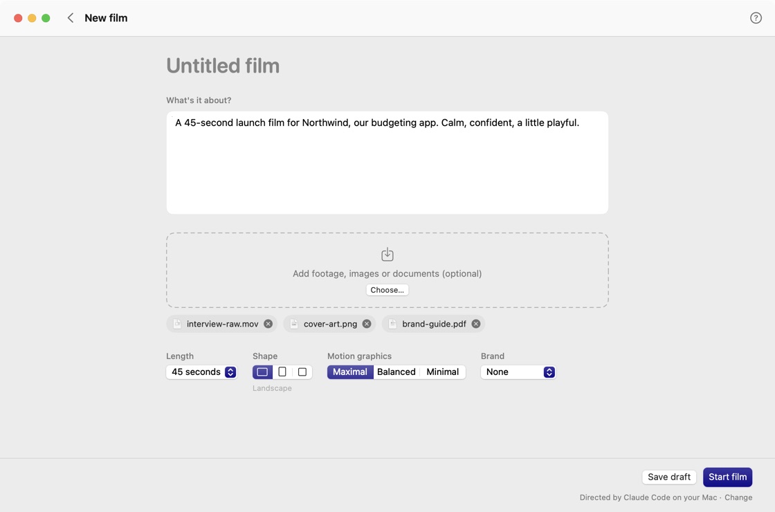 New film screen: a one-line description, dropped files, and choices for length, shape, motion graphics and brand.
