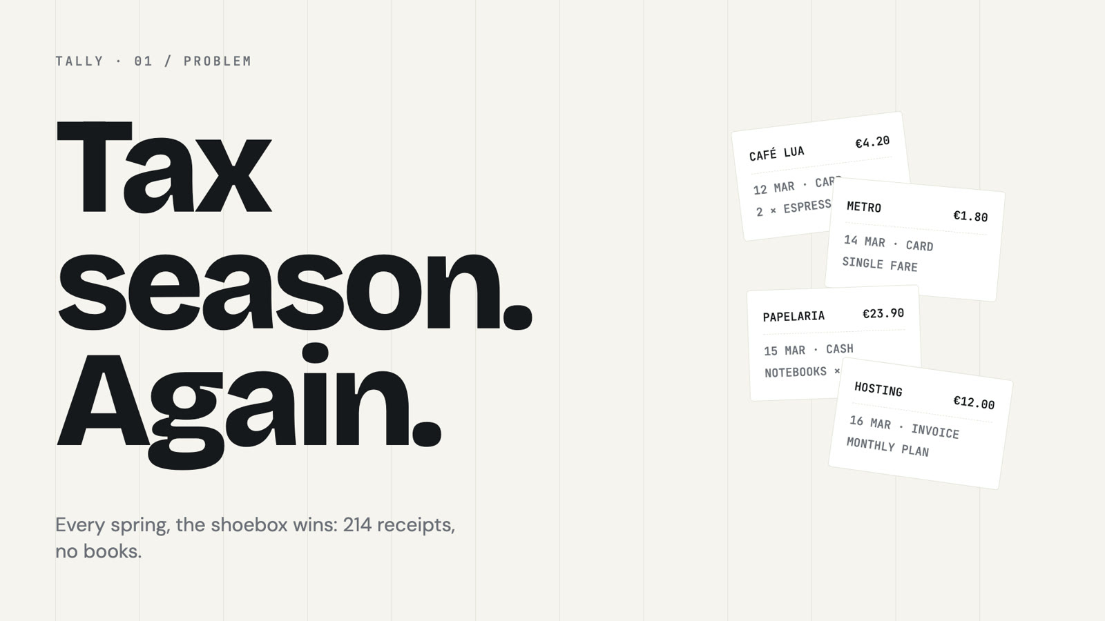 A key frame Claude designed: Tax season. Again. on a Swiss grid, receipts piled on the right