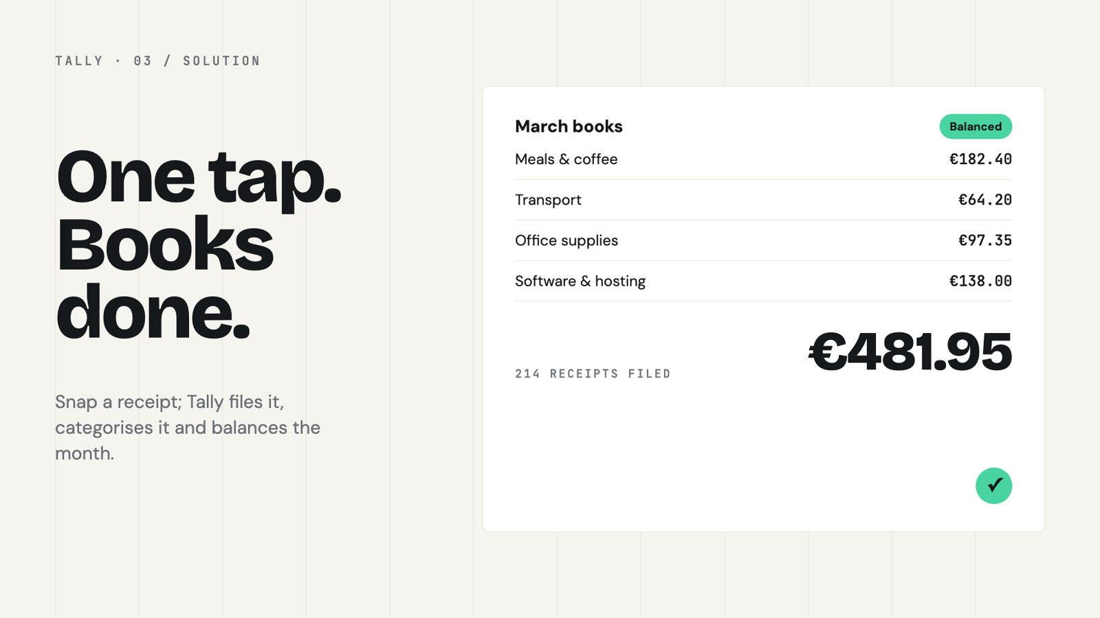 A key frame: simplified product UI with March books balanced and a single mint accent