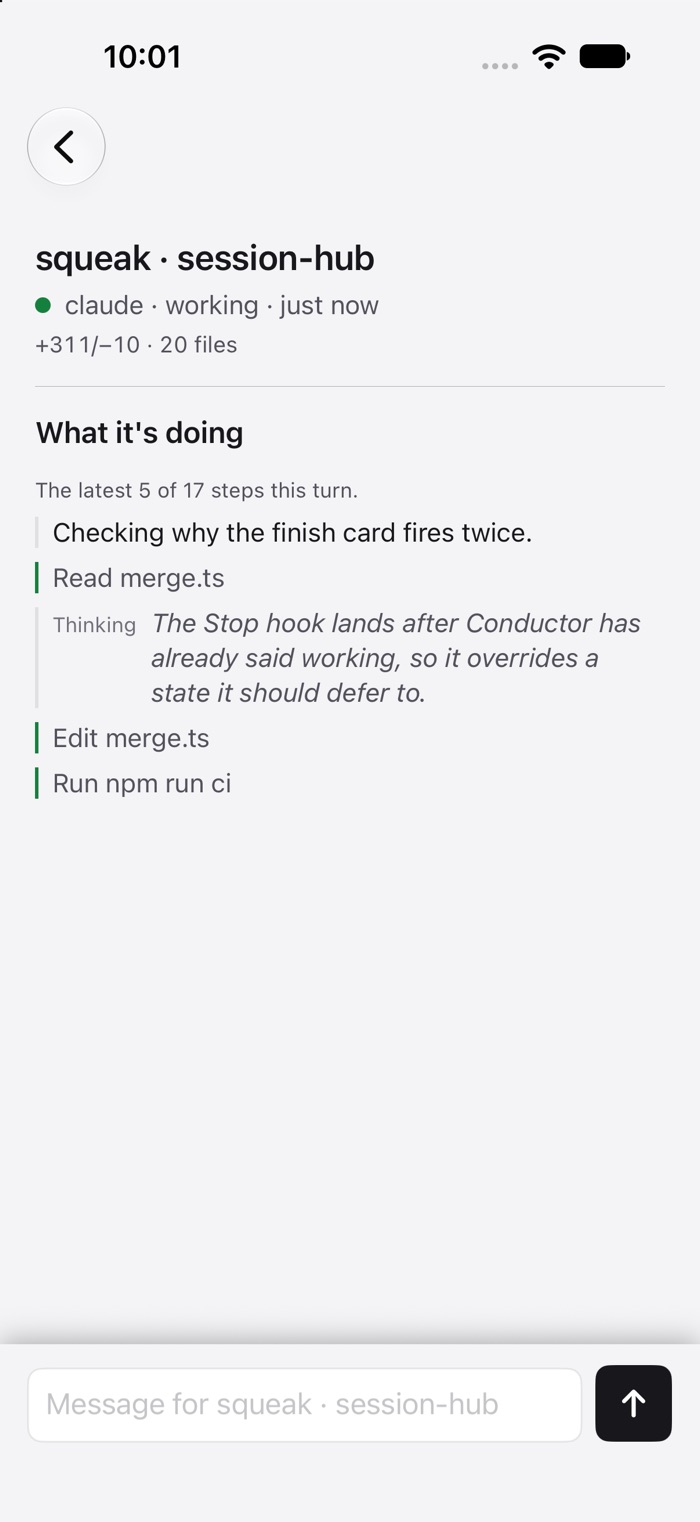 Squeak for iPhone showing a session at work: what it's doing, step by step, with a message box at the bottom.