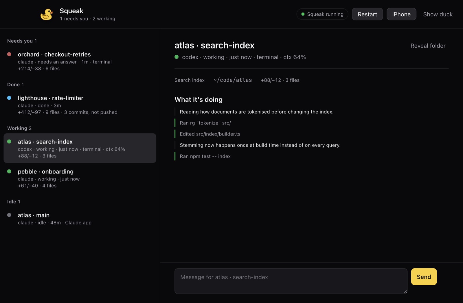 The Squeak window showing atlas · search-index, a Codex session at work. Under What it's doing: reading how documents are tokenised, ran rg, edited src/index/builder.ts, a note about stemming, ran npm test.